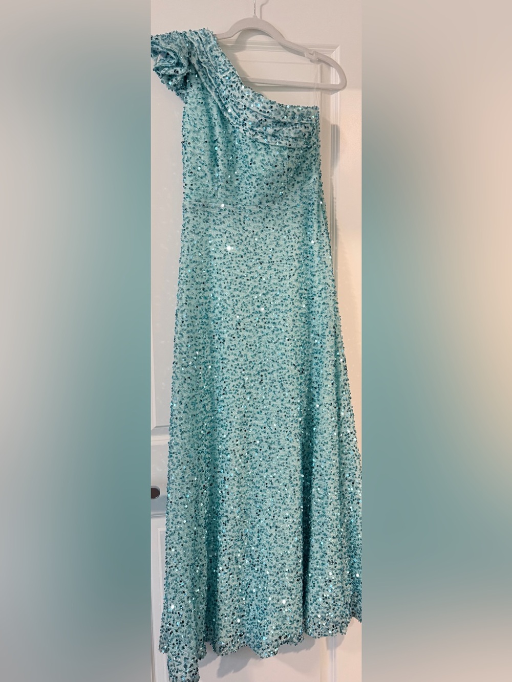 Sequin One-Shoulder Evening Gown in Aqua Blue
